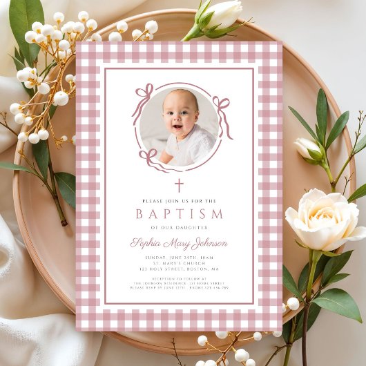 Elegant Pink Gingham Bow Photo Girl Baptism Einladung
