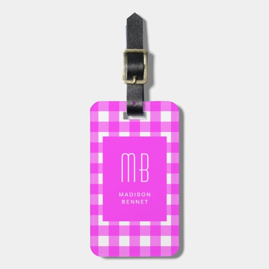 Elegant Pink Gingham Monogram Gepäckanhänger (Vorderseite vertikal)