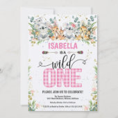 Elegant Pink Gingham Safari Wild 1. Geburtstag Einladung (Vorderseite)