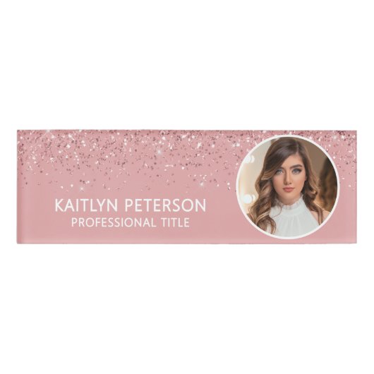 Elegant Pink Glitter Employee Photo ID Namenschild (Vorderseite)