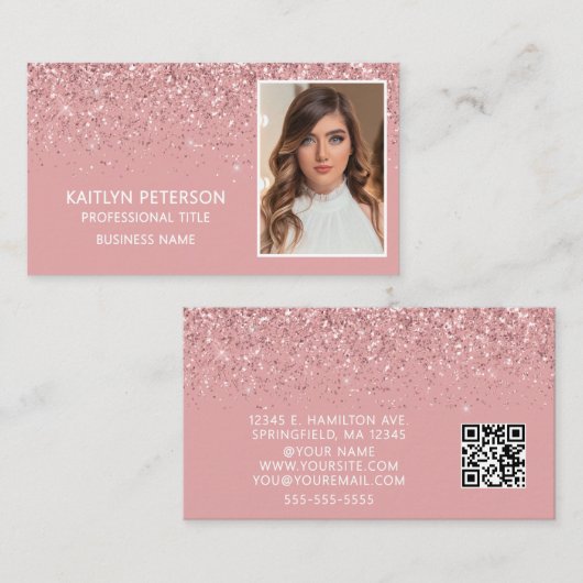 Elegant Pink Glitter Photo QR Code Visitenkarte (Vorne/Hinten)
