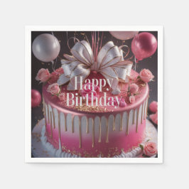 Elegant Pink & Gold Birthday Cake Design Serviette