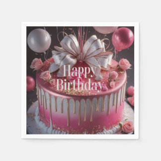 Elegant Pink & Gold Birthday Cake Design Serviette