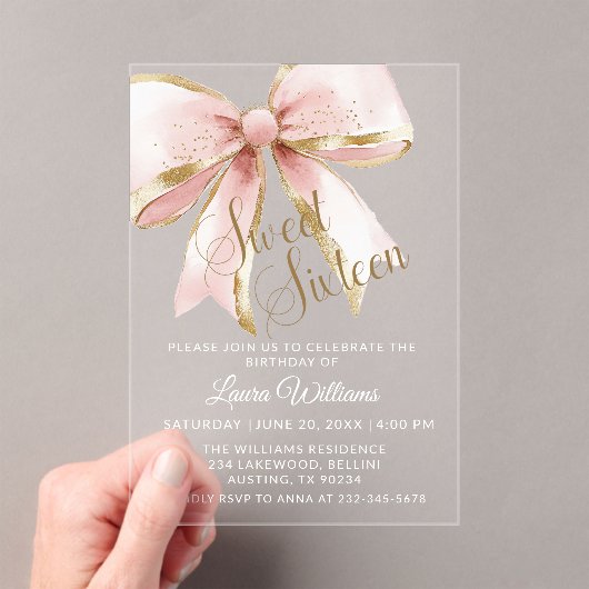 Elegant Pink & Gold Coquette Bow Sweet 16th Acryleinladungen (Insitu (Handheld))