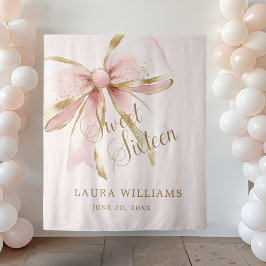 Elegant Pink & Gold Coquette Sweet 16th Backdrop Wandteppich