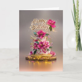 Elegant Pink & Gold Floral Birthday Cake Karte