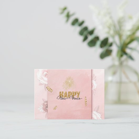 Elegant Pink & Gold Happy New Year Floral Card Begleitkarte (Stehend Vorderseite)