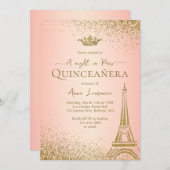 Elegant Pink Gold Paris Eiffelturm Quinceanera Einladung (Vorne/Hinten)