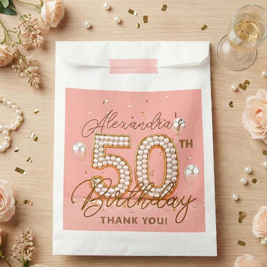 Elegant Pink Gold Pearls 50th Birthday Party Geschenktütchen