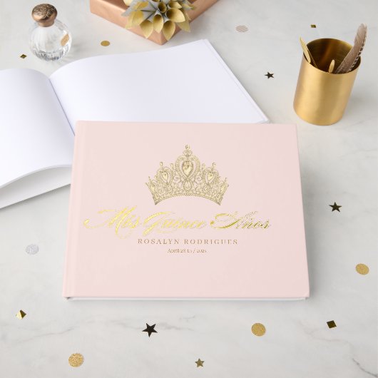 Elegant Pink Gold Quinceanera Gästebuch (Vorderseite offen)