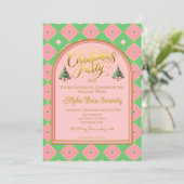 Elegant Pink & Green Harlequin Christmas Party Einladung (Stehend Vorderseite)