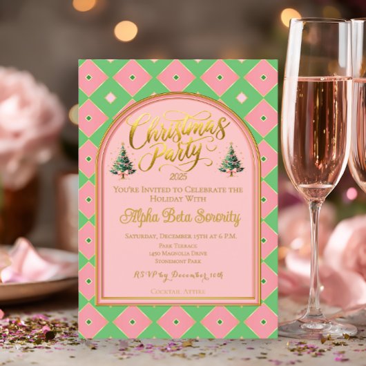 Elegant Pink & Green Harlequin Christmas Party Einladung