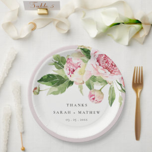 Elegant Pink Green Peony Blumental Danke Hochzeit Pappteller