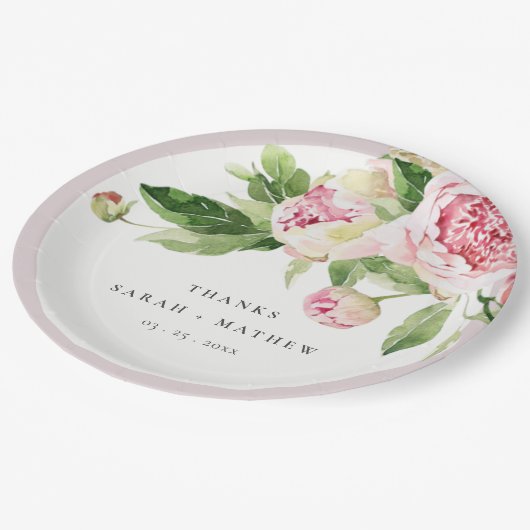 Elegant Pink Green Peony Blumental Danke Hochzeit Pappteller (Schrägansicht)