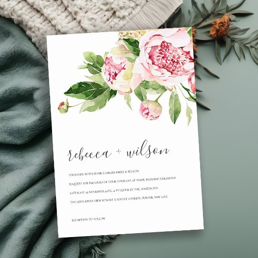 ELEGANT PINK GREEN PEONY FLORAL WATERCOLOR WEDD