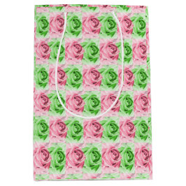 Elegant Pink & Green Rose Gift Bag Mittlere Geschenktüte