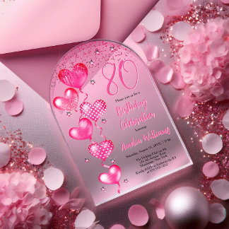 Elegant Pink Heart Balloons 80. Geburtstagsparty Acryleinladungen