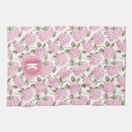 Elegant Pink Hydragea Flowers Pattern Monogram Geschirrtuch (Horizontal)