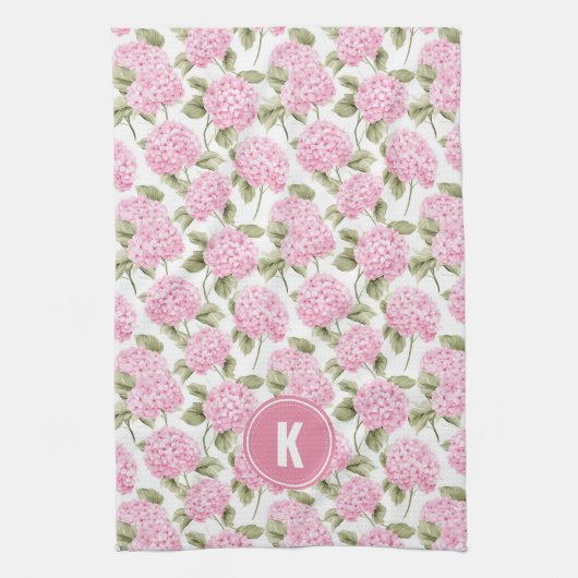 Elegant Pink Hydragea Flowers Pattern Monogram Geschirrtuch (Vertikal)