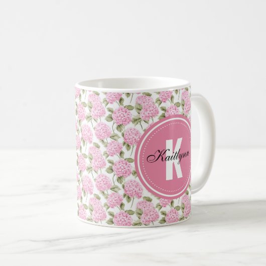 Elegant Pink Hydragea Flowers Pattern Monogram Kaffeetasse (VorderseiteRechts)