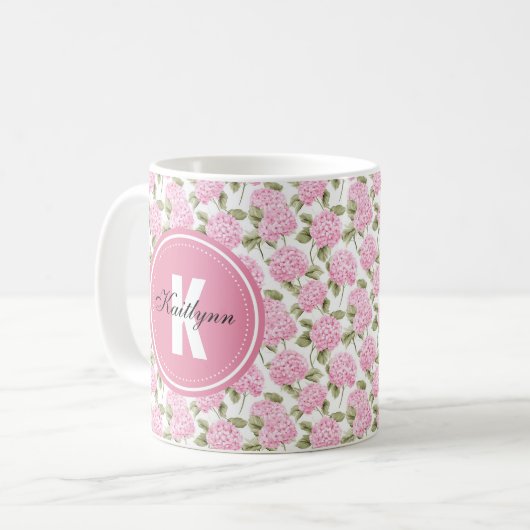 Elegant Pink Hydragea Flowers Pattern Monogram Kaffeetasse (Vorderseite Links)