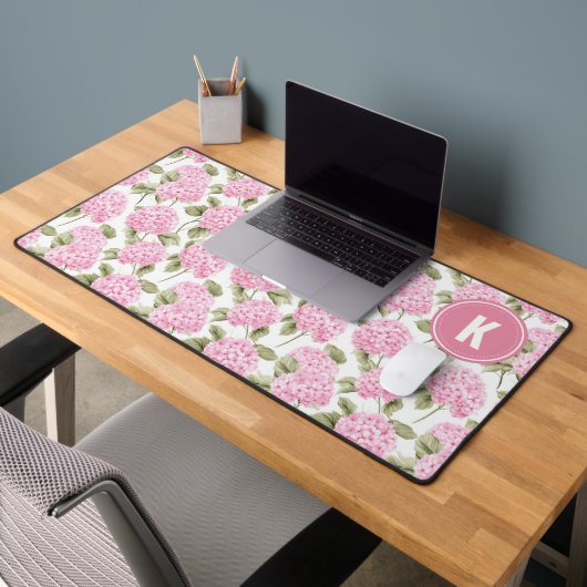 Elegant Pink Hydragea Flowers Pattern Monogram Schreibtischunterlage (Büro 2)
