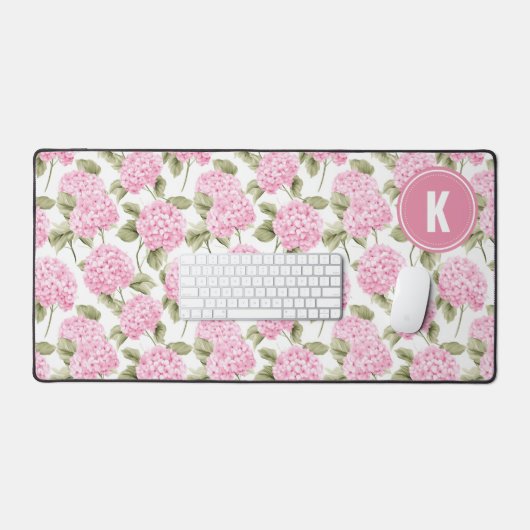 Elegant Pink Hydragea Flowers Pattern Monogram Schreibtischunterlage (Tastatur & Maus)