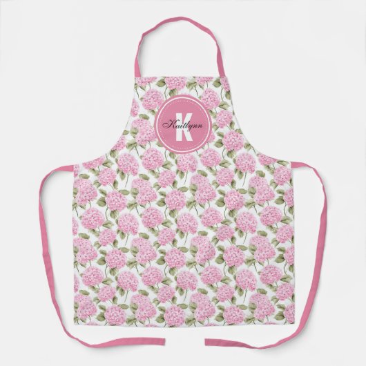 Elegant Pink Hydragea Flowers Pattern Monogram Schürze (Vorderseite)