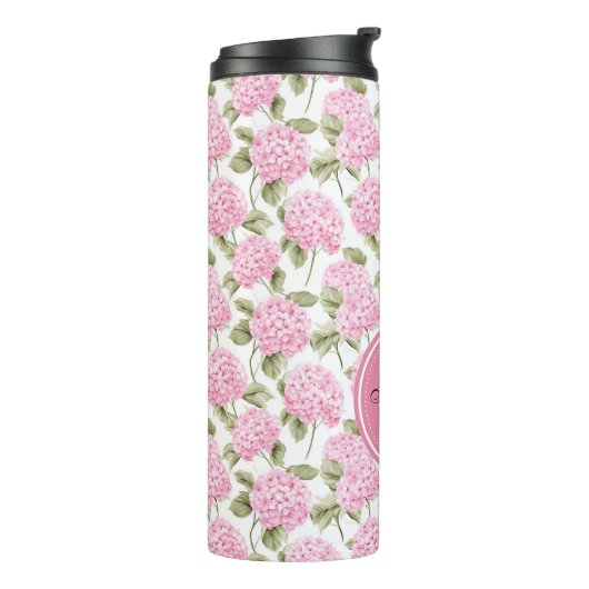 Elegant Pink Hydragea Flowers Pattern Monogram Thermosbecher (Nach links gedreht)