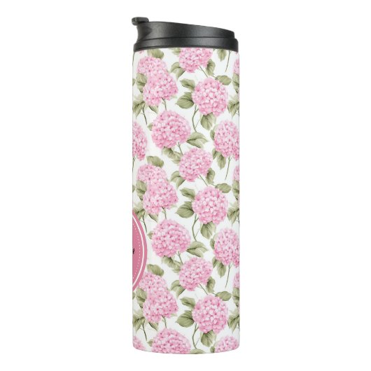 Elegant Pink Hydragea Flowers Pattern Monogram Thermosbecher (Nach rechts gedreht)