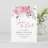 Elegant Pink Hydrangea Blumenhochzeit Save The Date (Stehend Vorderseite)