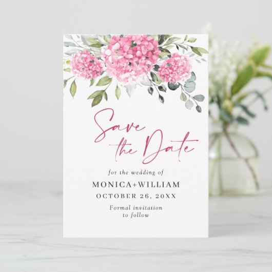 Elegant Pink Hydrangea Blumenhochzeit Save The Date (Stehend Vorderseite)