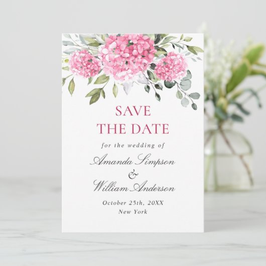 Elegant Pink Hydrangea Blumenhochzeit Save The Date (Stehend Vorderseite)
