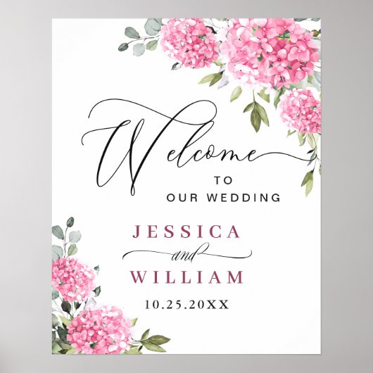 Elegant Pink Hydrangea Eucalyptus Wedding Welcome Poster (Vorne)