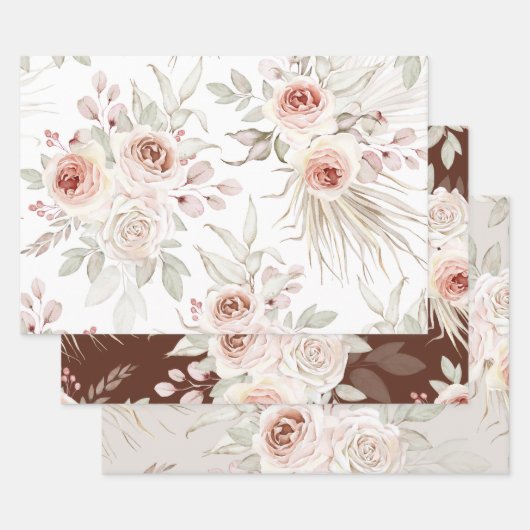 Elegant Pink Ivory Boho Rose Grüne Geschenkpapier Set (Set)