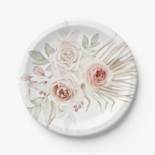 Elegant Pink Ivory Boho Rose Grüne Pappteller