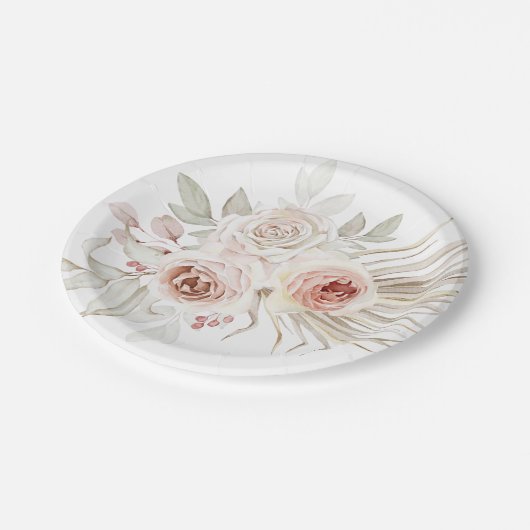 Elegant Pink Ivory Boho Rose Grüne Pappteller (Schrägansicht)