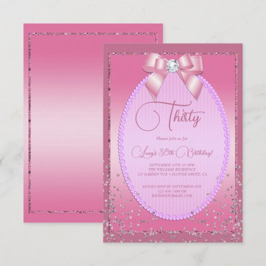 Elegant Pink Jewel Diamond Bow & Confetti Geburtst Einladung (Vorne/Hinten)