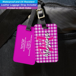 Elegant Pink Karo   Stylischer Schriftmonogramm-Na Gepäckanhänger