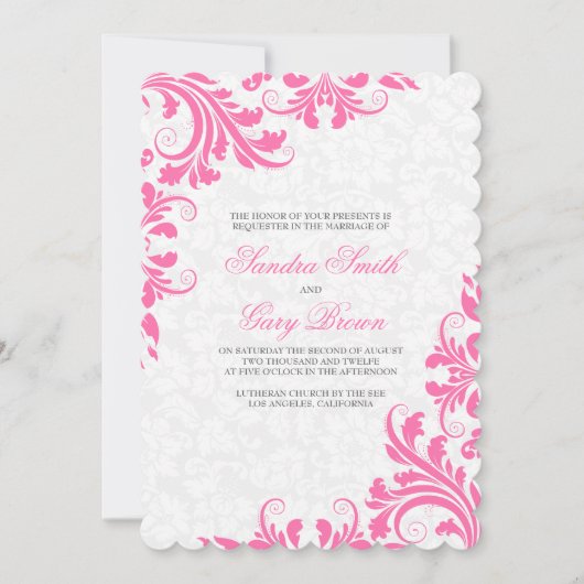Elegant Pink Lace White Damask Wedding Einladung (Vorderseite)