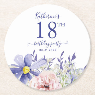Elegant Pink Lila Floral 18. Geburtstagsparty Runder Pappuntersetzer