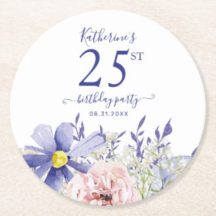 Elegant Pink Lila Floral 25. Geburtstagsparty Runder Pappuntersetzer