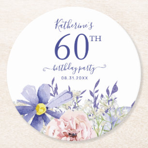 Elegant Pink Lila Floral 60. Geburtstagsparty Runder Pappuntersetzer