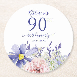 Elegant Pink Lila Floral 90. Geburtstagsparty Runder Pappuntersetzer