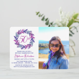 Elegant Pink Lila Wreath 50. Geburtstagsparty Einladung