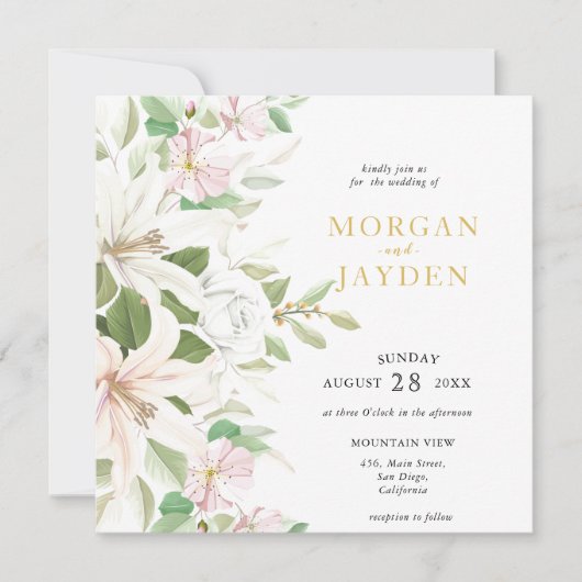 Elegant Pink Lili | Elfenbeinblume Rose Hochzeit I Einladung (Vorderseite)