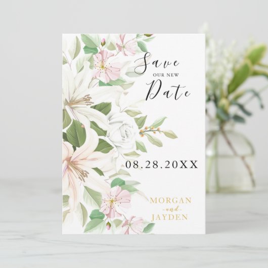 Elegant Pink Lili | Hochzeit von Elfenbein-Rose Save The Date (Stehend Vorderseite)