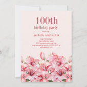 Elegant Pink Lilies 100. Geburtstag Einladung (Vorderseite)