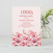Elegant Pink Lilies 100. Geburtstag Einladung (Stehend Vorderseite)