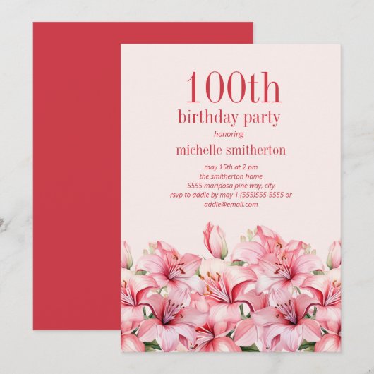 Elegant Pink Lilies 100. Geburtstag Einladung (Vorne/Hinten)